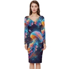 Cosmic Jellyfish Artwork Long Sleeve V-neck Bodycon Dress  by ExtraAwesomeSauce
