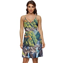 Serene Mountain Waterfall Landscape V-neck Pocket Summer Dress  by ExtraAwesomeSauce