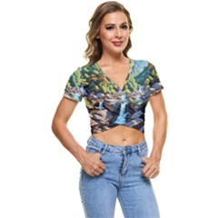 Serene Mountain Waterfall Landscape Short Sleeve Foldover T-shirt by ExtraAwesomeSauce