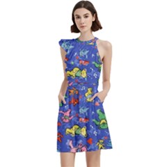 Grateful Dead Dancing Bears Pattern Cocktail Party Halter Sleeveless Dress With Pockets by Salmanaz77