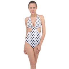 Fly Phot Motif Seamless Black And White Pattern Halter Front Plunge Swimsuit by dflcprintsclothing