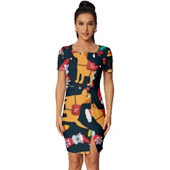 Funny Christmas Pattern Background Fitted Knot Split End Bodycon Dress by Ket1n9