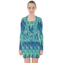 Christmas Trees Pattern Digital Paper Seamless V-neck Bodycon Long Sleeve Dress by Paksenen