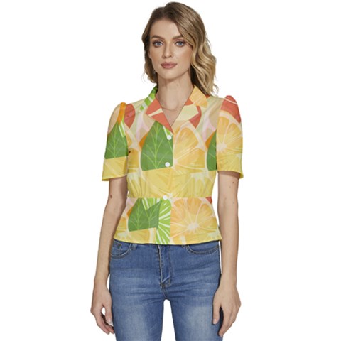 Citrus Fruit Healthy Vitamin Puffed Short Sleeve Button Up Jacket by Paksenen