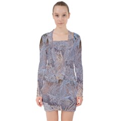 Window Pattern Winter Frost V-neck Bodycon Long Sleeve Dress by Paksenen