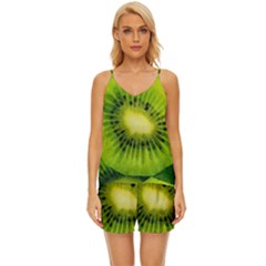 Kiwi Fruits, Close-up, Exotic Fruit V-neck Satin Pajamas Set by kyorashop23