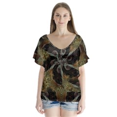 Abstract Organic Pattern Design In Dark Warm Colors V-neck Flutter Sleeve Top by dflcprintsclothing