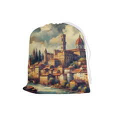 Village Houses Buildings Facade Drawstring Pouch (large) by Salmanaz77