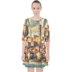 Village Houses Buildings Facade Quarter Sleeve Pocket Dress by Salmanaz77