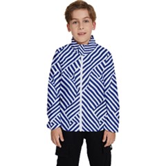 Blue And White Abstract Stripes Kids  High Neck Windbreaker by SpinnyChairDesigns