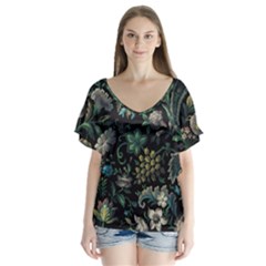 Pattern Flowers Plants Leaves V-neck Flutter Sleeve Top by Posterlux