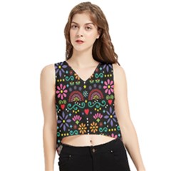 Mexican Folk Art Seamless Pattern Colorful V-neck Cropped Tank Top by Paksenen