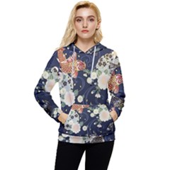 Japanese Wave Koi Illustration Pattern Women s Lightweight Drawstring Hoodie by Ndabl3x