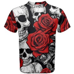 Roses And Skulls Men s Cotton T-shirt by pollyparadiseartshop