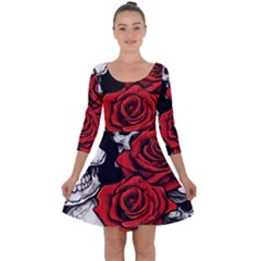 Roses And Skulls Quarter Sleeve Skater Dress by pollyparadiseartshop