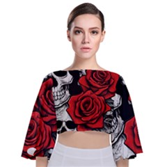 Roses And Skulls Tie Back Butterfly Sleeve Chiffon Top by pollyparadiseartshop