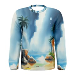 Delicate Watercolor Painting Surreal Oasis Scene With Intense Dramatic Lighting Men s Long Sleeve T-shirt by pollyparadiseartshop