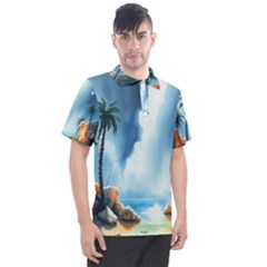 Delicate Watercolor Painting Surreal Oasis Scene With Intense Dramatic Lighting Men s Polo T-shirt by pollyparadiseartshop