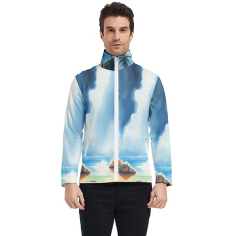 Delicate Watercolor Painting Surreal Oasis Scene With Intense Dramatic Lighting Men s Bomber Jacket by pollyparadiseartshop