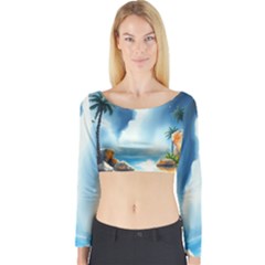 Delicate Watercolor Painting Surreal Oasis Scene With Intense Dramatic Lighting Long Sleeve Crop Top by pollyparadiseartshop
