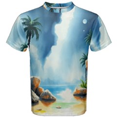Delicate Watercolor Painting Surreal Oasis Scene With Intense Dramatic Lighting Men s Cotton T-shirt by pollyparadiseartshop