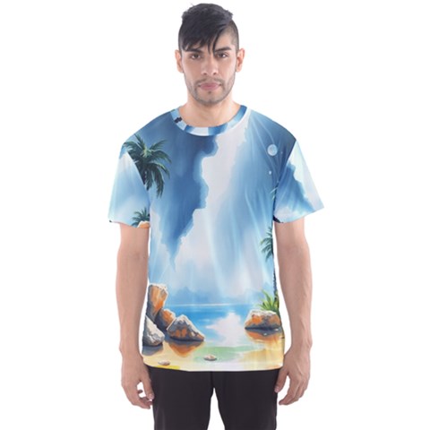 Delicate Watercolor Painting Surreal Oasis Scene With Intense Dramatic Lighting Men s Sport Mesh T-shirt by pollyparadiseartshop