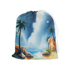 Delicate Watercolor Painting Surreal Oasis Scene With Intense Dramatic Lighting Drawstring Pouch (xl) by pollyparadiseartshop