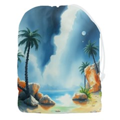 Delicate Watercolor Painting Surreal Oasis Scene With Intense Dramatic Lighting Drawstring Pouch (3xl) by pollyparadiseartshop