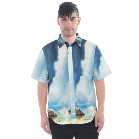 Delicate Watercolor Painting Surreal Oasis Scene With Intense Dramatic Lighting Men s Short Sleeve Shirt by pollyparadiseartshop