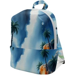 Delicate Watercolor Painting Surreal Oasis Scene With Intense Dramatic Lighting Zip Up Backpack by pollyparadiseartshop