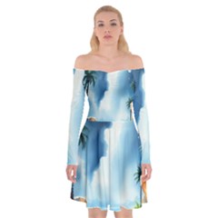 Delicate Watercolor Painting Surreal Oasis Scene With Intense Dramatic Lighting Off Shoulder Skater Dress by pollyparadiseartshop