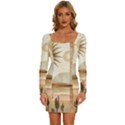 Abstract Sun Boho Bohemian Design Long Sleeve Square Neck Bodycon Velvet Dress View1