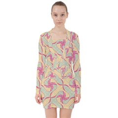 Abstract Pattern Design Scrapbooking V-neck Bodycon Long Sleeve Dress by Paksenen