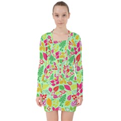 Flower Flora Floral Nature Pattern Seamless V-neck Bodycon Long Sleeve Dress by Bedest