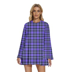 Blue Tartan Plaid 1 Round Neck Long Sleeve Bohemian Style Chiffon Mini Dress by dressshop