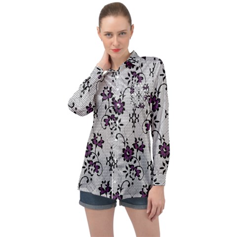 Elegant Purple Floral Jacquard Mesh Lace Fabric Long Sleeve Satin Shirt by ArtfulThreads