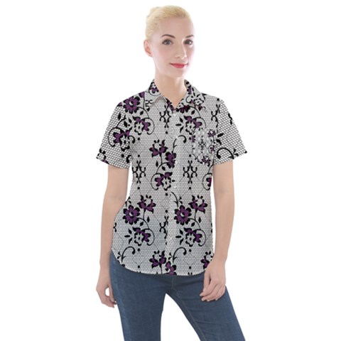 Elegant Purple Floral Jacquard Mesh Lace Fabric Women s Short Sleeve Pocket Shirt by ArtfulThreads