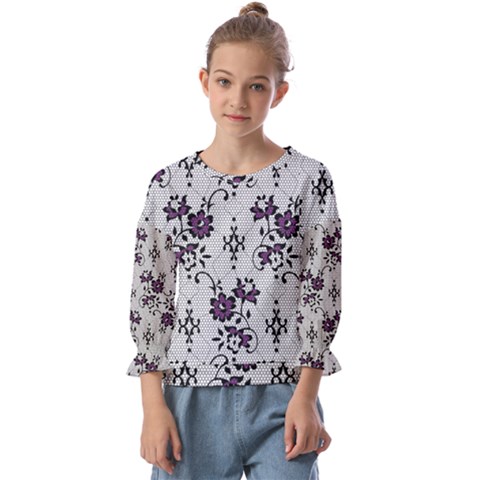 Elegant Purple Floral Jacquard Mesh Lace Fabric Kids  Cuff Sleeve Top by ArtfulThreads