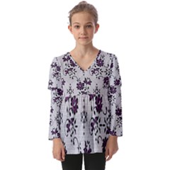 Elegant Purple Floral Jacquard Mesh Lace Fabric Kids  V Neck Casual Top by ArtfulThreads