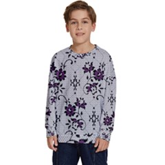 Elegant Purple Floral Jacquard Mesh Lace Fabric Kids  Crewneck Sweatshirt by ArtfulThreads