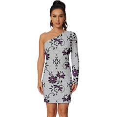 Elegant Purple Floral Jacquard Mesh Lace Fabric Long Sleeve One Shoulder Mini Dress by ArtfulThreads