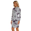 Elegant Purple Floral Jacquard Mesh Lace Fabric Long Sleeve Shirt Collar Bodycon Dress View2