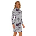 Elegant Purple Floral Jacquard Mesh Lace Fabric Long Sleeve Shirt Collar Bodycon Dress View3