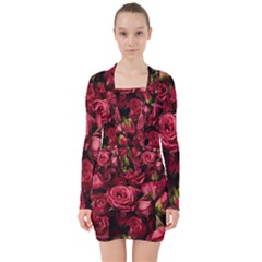 Floral Buds Of Roses Beautiful Flowers V-neck Bodycon Long Sleeve Dress by Grandong