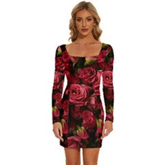 Floral Buds Of Roses Beautiful Flowers Long Sleeve Square Neck Bodycon Velvet Dress by Grandong