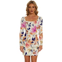 Abstract Floral Background Long Sleeve Square Neck Bodycon Velvet Dress by kyorashop23