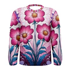 Fantasy Pink Flowers Stained Glass Men s Long Sleeve T-shirt by Grandong