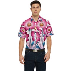 Fantasy Pink Flowers Stained Glass Men s Short Sleeve Pocket Shirt  by Grandong