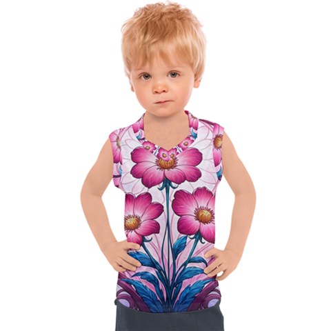 Fantasy Pink Flowers Stained Glass Kids  Sport Tank Top by Grandong