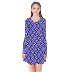 Blue Tartan Plaid 1 Diagonal Long Sleeve V-neck Flare Dress by dressshop